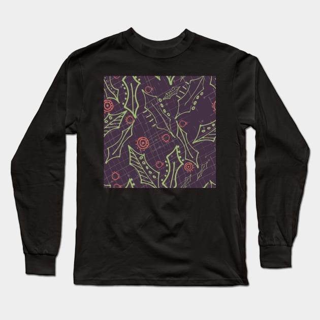 Holly leaves and berries. deep gray purple Long Sleeve T-Shirt by MegMarchiando